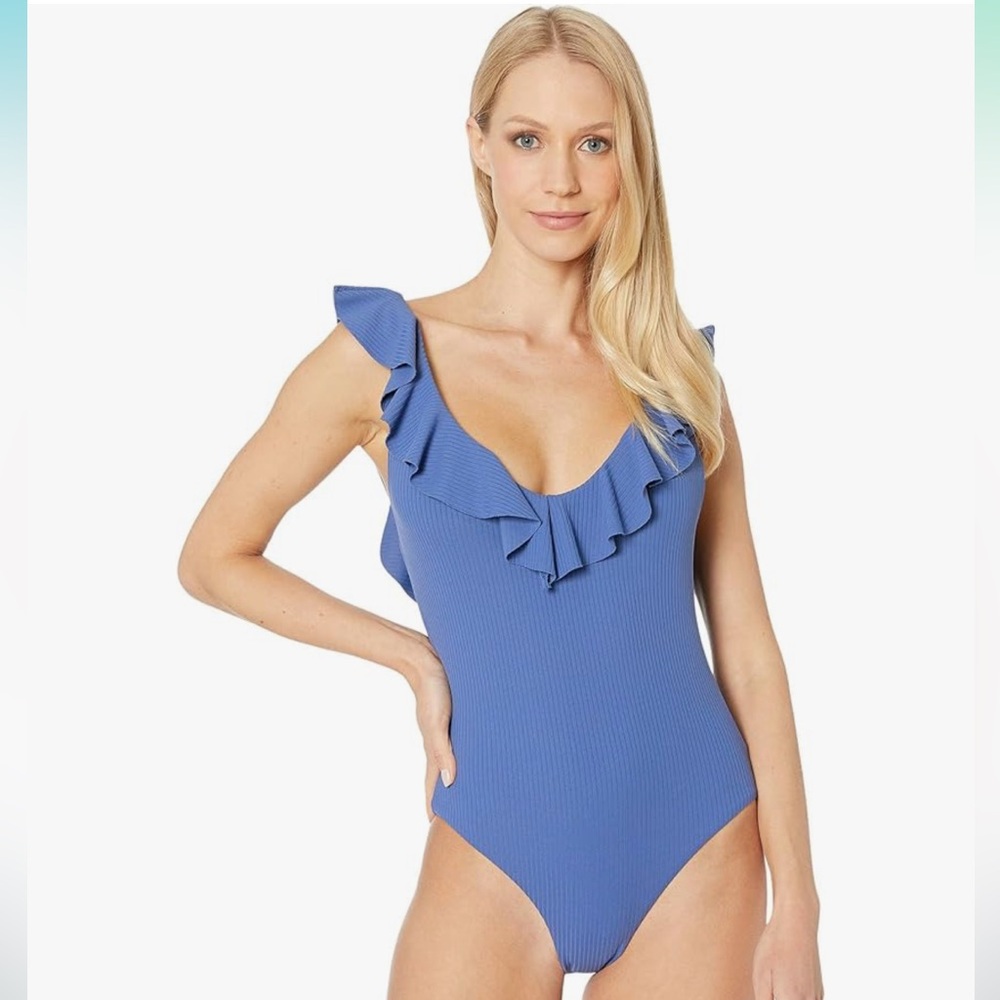 Eberjey Loretta Blue Ruffle One-Piece Swimsuit Size Large Excellent Condition
